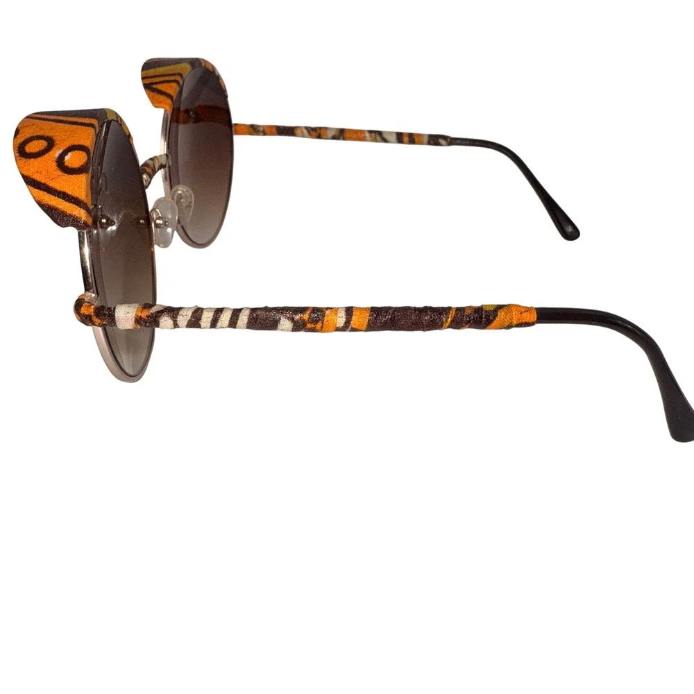 Womens Round Teashades‎ Sunglasses Gold Frame Orange Brown Fabric Accents Unique
